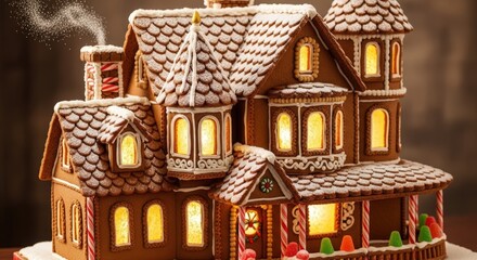 Decorated gingerbread house with lights at winter holidays season celebration. Perfect for Christmas, new year
