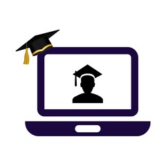 Laptop with graduation cap and silhouette of student