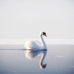 Fototapeta premium Majestic White Swan Swimming Serenely on Reflective Water Under Soft Natural Light