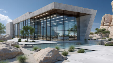 A contemporary glass building surrounded by sandy desert and clear vibrant blue sky above