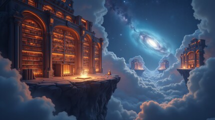 Fototapeta premium Fantasy cosmic library floating among stars, glowing bookshelves with radiant manuscripts, nebula clouds swirling around