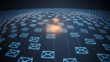 Digital Network of Email Icons with Glowing Connections