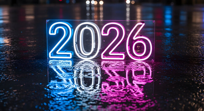Vibrant neon sign illuminates the year 2026 with a dazzling blue and pink glow reflected on a wet dark surface