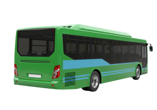 Isolated city bus, green paint scheme with a blue stripe, modern and contemporary design