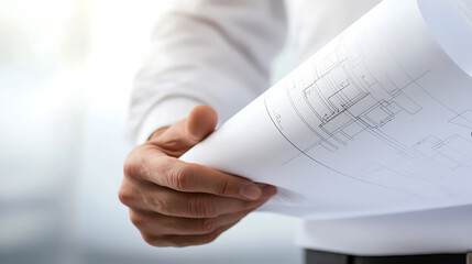 Examining architectural plans: Hands hold blueprint, showcasing design and planning expertise for structures. Close up shot of a white print on paper.