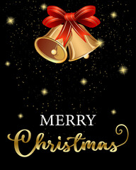 Greeting card with golden bells.Vector illustration of Christmas with golden bells and text on black background with decor.