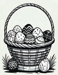 Black and white basket of decorated Easter eggs
