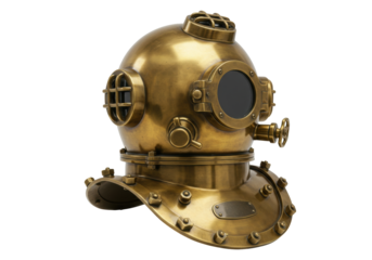 Isolated Brass Diving Helmet With Valves and Viewing Ports for Underwater Exploration