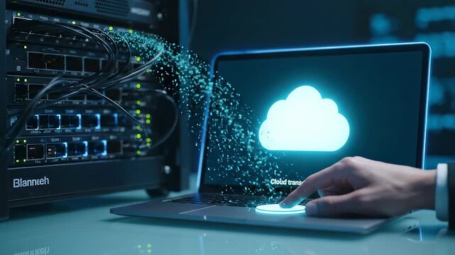 Digital Transformation - Cloud Migration: Cable bundles dissolve into data beads arcing toward a cloud above a laptop as a poised finger hovers the transfer puck.