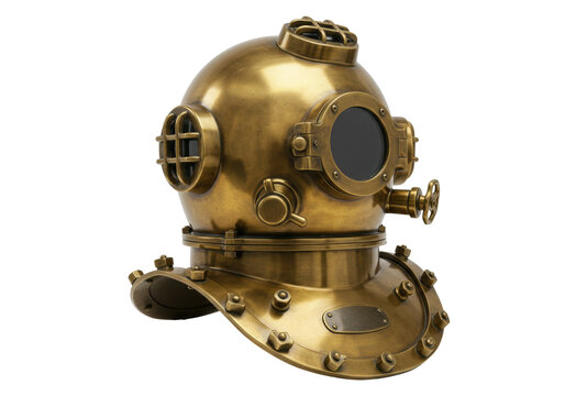 Isolated Brass Diving Helmet With Valves and Viewing Ports for Underwater Exploration