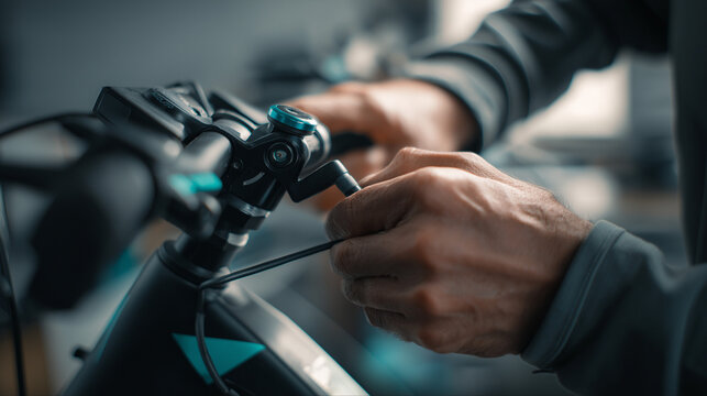 Technician adjusting e-bike handlebar controls in workshop.
