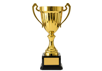 Isolated golden shiny trophy with handles on the pedestal for the champion award celebration