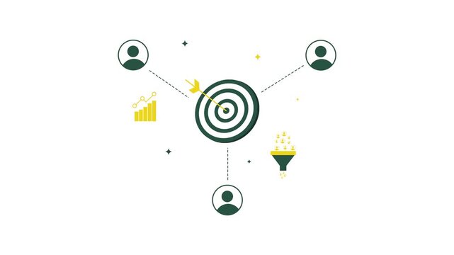 Multiple users connected to single goal and target on the white backdrop in corporate colors, 4k animation. Team working, strategy, leads, funnels, graph