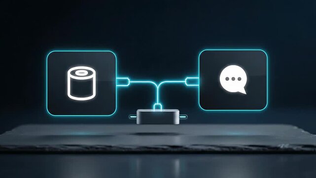 Digital Transformation - API-First Integration: Cylinder and chat modules link via a magnetic cable; a neon pulse runs the curve and a midspan ring settles.