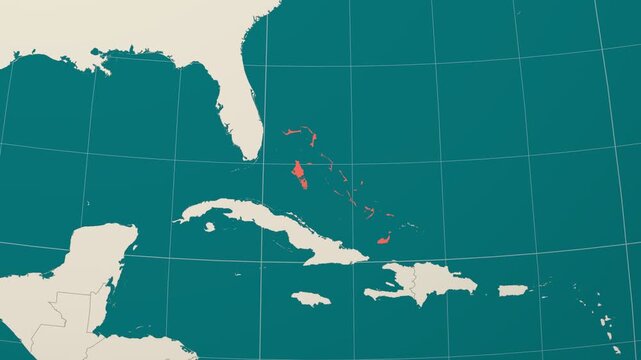 Bahamas map. Animated zoom into the country on the Globe in Teal Pale Mint color palette. Country logo animation. Map with meridians, parallels. Authentic video.