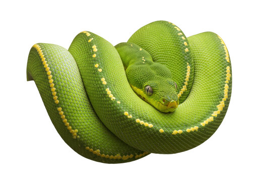 Isolated coiled green tree python Morelia viridis with yellow markings in a studio shot