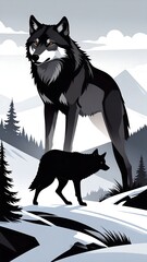 Large black wolf and smaller black wolf in snowy mountain landscape
