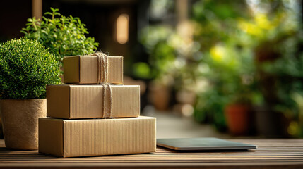 Laptop on table next to stacked cardboard boxes with green plant blurred in background