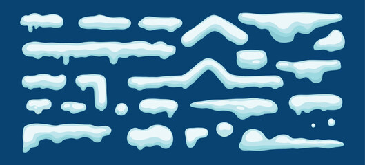 Set of white snowy cape set collection on blue background, snowdrifts set, Winter element, border frame snow decoration. cartoon flat decoration with snowflakes, icicles isolated on blue
