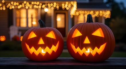 Capture the spooky spirit of Halloween with carved pumpkins glowing warmly against a backdrop of festive lights, creating a captivating seasonal scene.