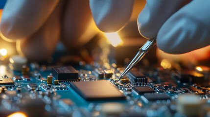 Precision repair with gloved hands using tweezers to carefully manipulate tiny components on a complex computer circuit board.