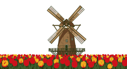Windmill and tulip field illustration against white background