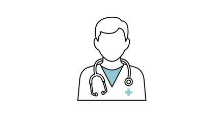 Minimalist line art illustration depicting a medical doctor or healthcare professional, symbolizing comprehensive health services, expert consultation, and patient care for diverse medical