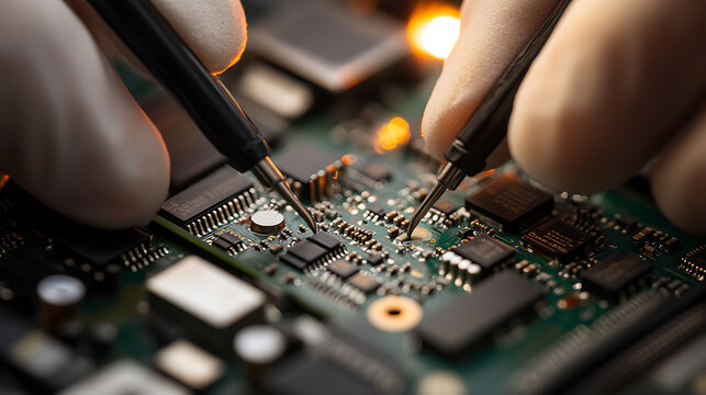 Electronics repair on a circuit board using probes. Precision work by gloved hands ensures accuracy. Close-up on intricate components and testing equipment.