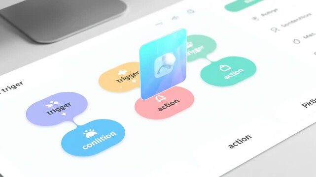 Digital Transformation - Low-Code Publish: Final condition block snaps into a chain; an app card rises with parallax and a corner check twinkles confidently.