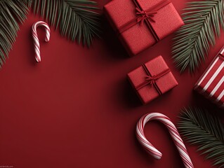 Christmas Flat Lay with Red Gift Boxes, Candy Canes, Pine Branches on Red Table and Copy Space