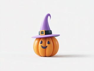 3D Clay Cartoon Halloween Pumpkin with Purple Witch Hat, Isolated on Transparent Background, Flat Lay Cutout Template Design