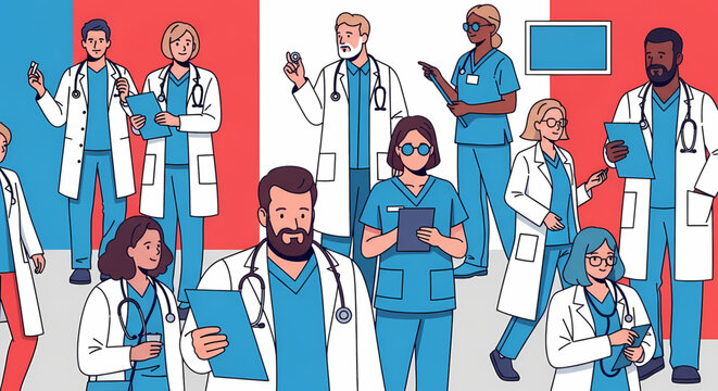 A vibrant illustration featuring a diverse and dedicated team of healthcare professionals, including doctors and nurses, united in their commitment to deliver essential medical care