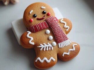 Cute Smiling Gingerbread Man with Red Scarf on White Background, Christmas Holiday Cookie Illustration