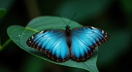 An extreme close-up macro shot of a Blue Morpho butterfl