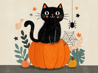Minimalist Halloween vector illustration of black cat on pumpkin with spider web, flat pastel design for holiday background and sticker