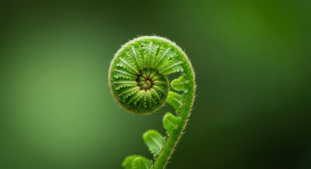 A single new leaf. A minimalist macro shot of a single, vibrant green fern leaf unfurling