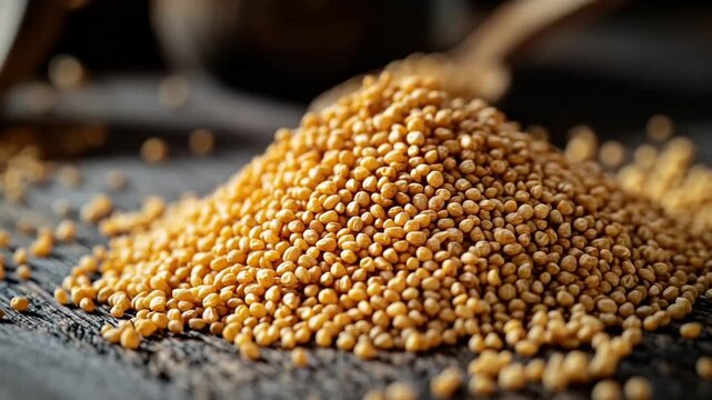 Close-up of a pile of mustard seeds on a rustic wooden surface, ready for culinary use.