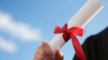 A graduate holds their diploma, tied with a red ribbon, against a backdrop of blue sky and clouds, symbolizing achievement and success.
