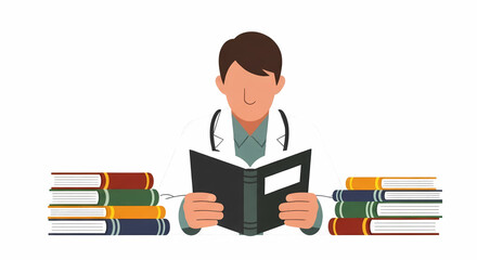 Dedicated medical professional or student deeply engaged in academic research and learning, surrounded by essential textbooks, symbolizing the pursuit of healthcare knowledge and continuous
