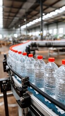 Bottled water production on a conveyor belt in a factory during daytime with clear visibility of the process and environment