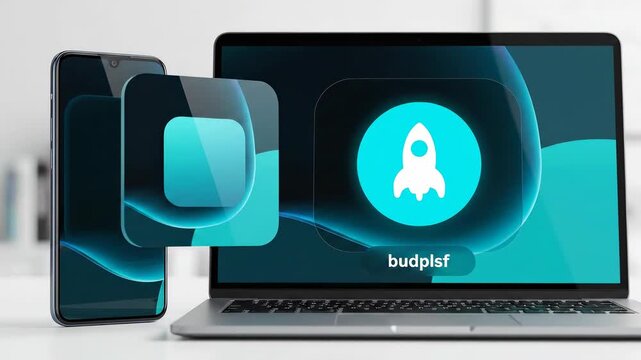 Digital Transformation - Low-Code Publish: Circular publish fills on laptop; a minimal home tile fades onto phone with a calm, professional depth catch.