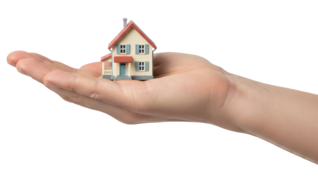 a miniature house model is held carefully in the palm of a person's hand isolated on a transparent background