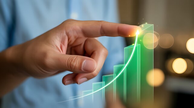 Hand pointing to a rising green bar graph with arrow
