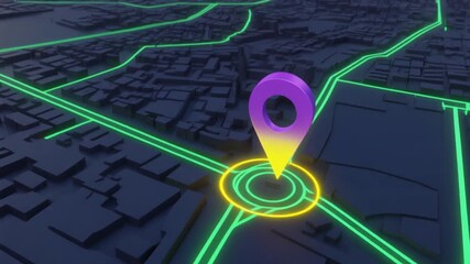 Futuristic digital map with neon green roads and glowing purple-yellow location pin at intersection, concentric circles highlighting destination—evoking GPS tech, urban navigation, and virtual mapping - Powered by Adobe
