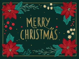 Modern Christmas card with gold foil typography and wildflowers on dark green background, flat vector graphic