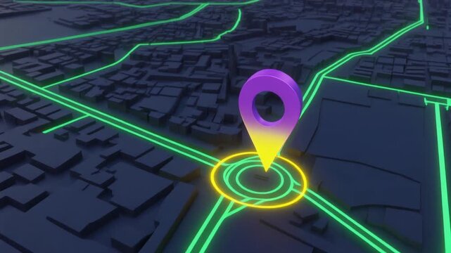 Futuristic digital map with neon green roads and glowing purple-yellow location pin at intersection, concentric circles highlighting destination&mdash;evoking GPS tech, urban navigation, and virtual mapping