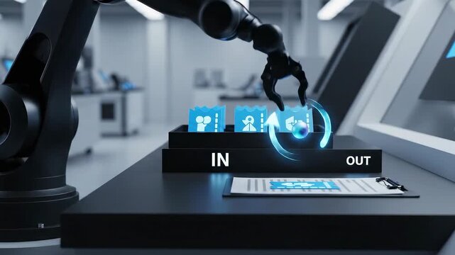MDM Enroll & Policy Applied: a policy chip lands on a phone tile, spawning a lock bead and a brief aura toward the tablet; dark HUD strokes and clear spacing de-risk the story at thumbnail scale.