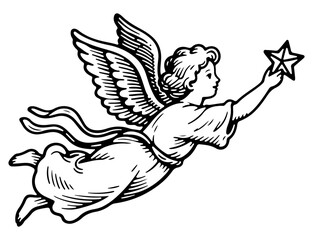 Flying angel vector engraving style illustration