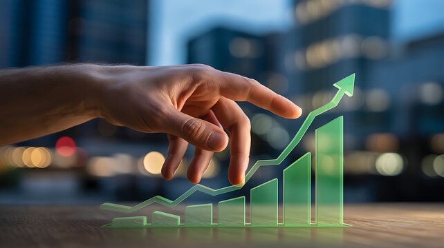Hand Walking Upward Green Growth Chart with City Background