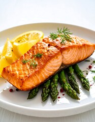 Grilled salmon fillet with asparagus and lemon slices